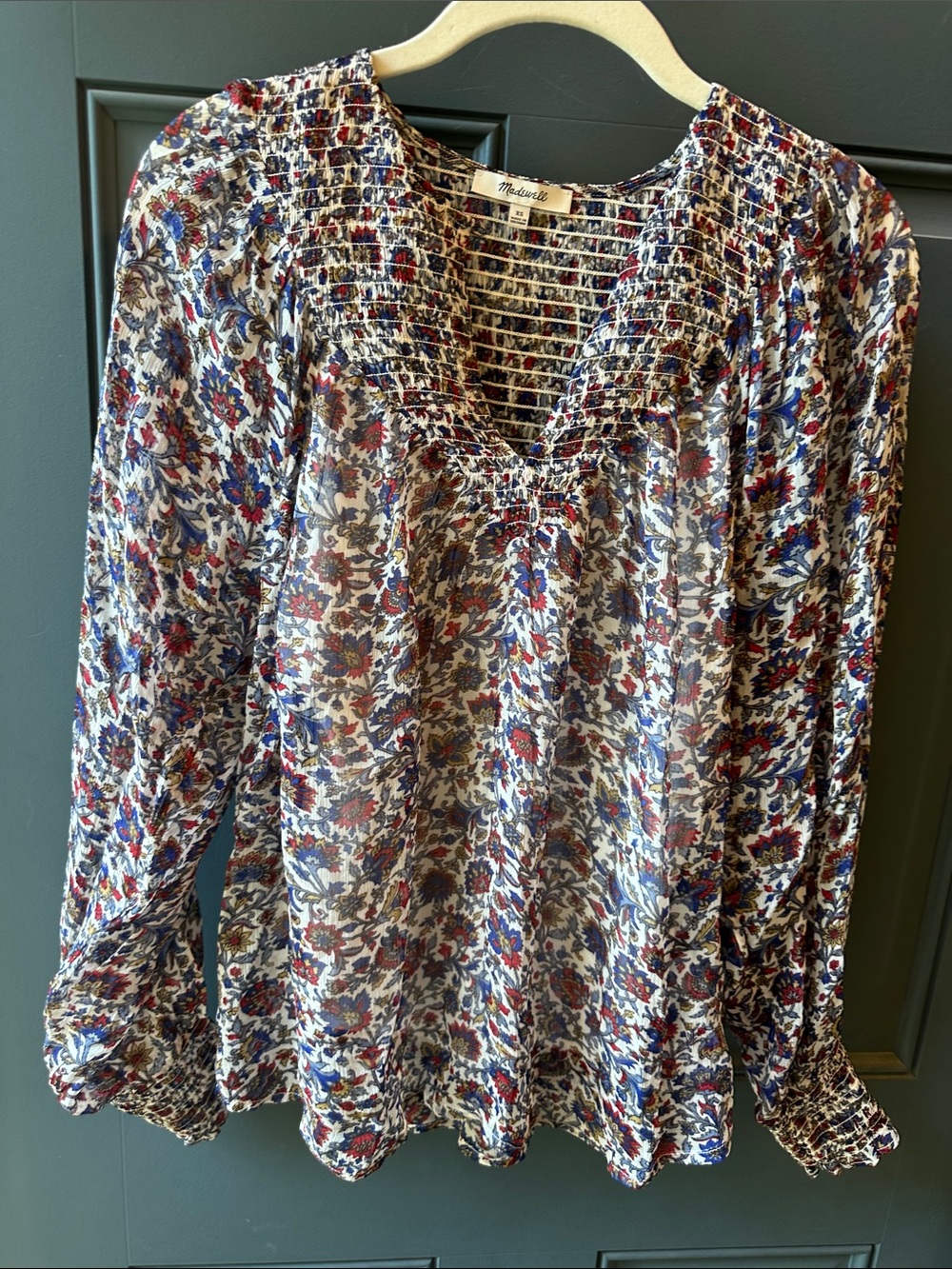 Madewell Floral Smocked V-Neck Blouse in Blue, Red & White